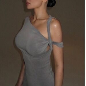 Khy by Kylie Jenner Gray Sueded Stretch Twist Off The Shoulder Mini Dress M NWT